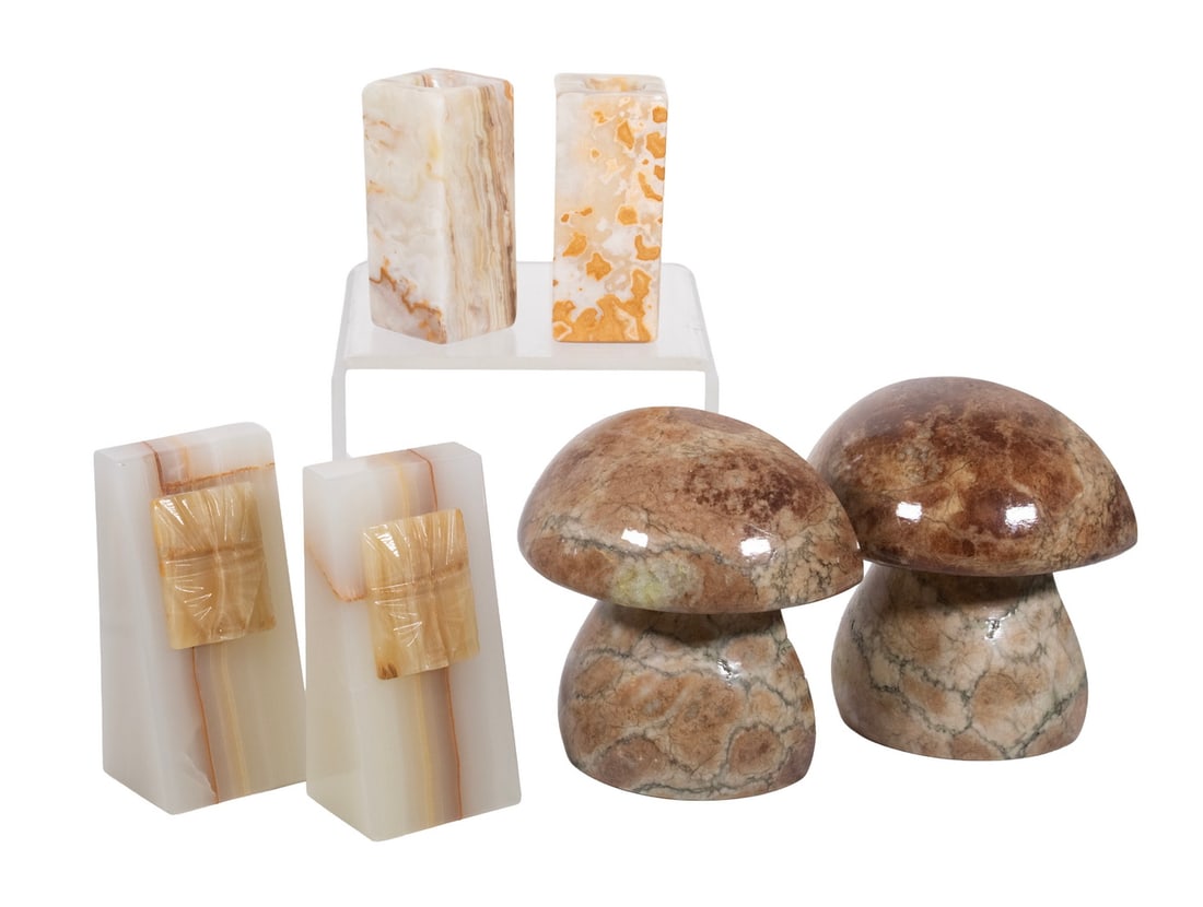 (6 PC) CARVED STONE BOOKENDS & CANDLEHOLDERS (1 of 1)