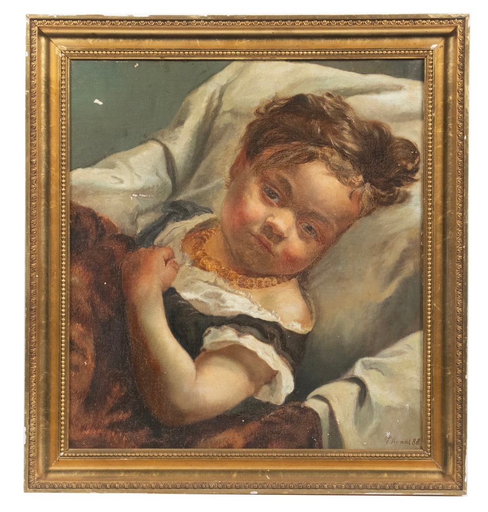 EMILIE MUNDT (DENMARK, 1849-1922): EMILIE MUNDT (DENMARK, 1849-1922) Portrait of a Little Girl, oil on canvas pasted to cardboard, signed and dated '88 lower right, with affixed label from Ellekilde auction house verso, depicting a hal