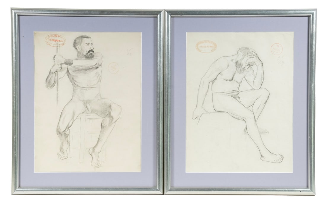 PAIR OF FRENCH ACADEMY MALE FIGURE DRAWINGS (1 of 4)