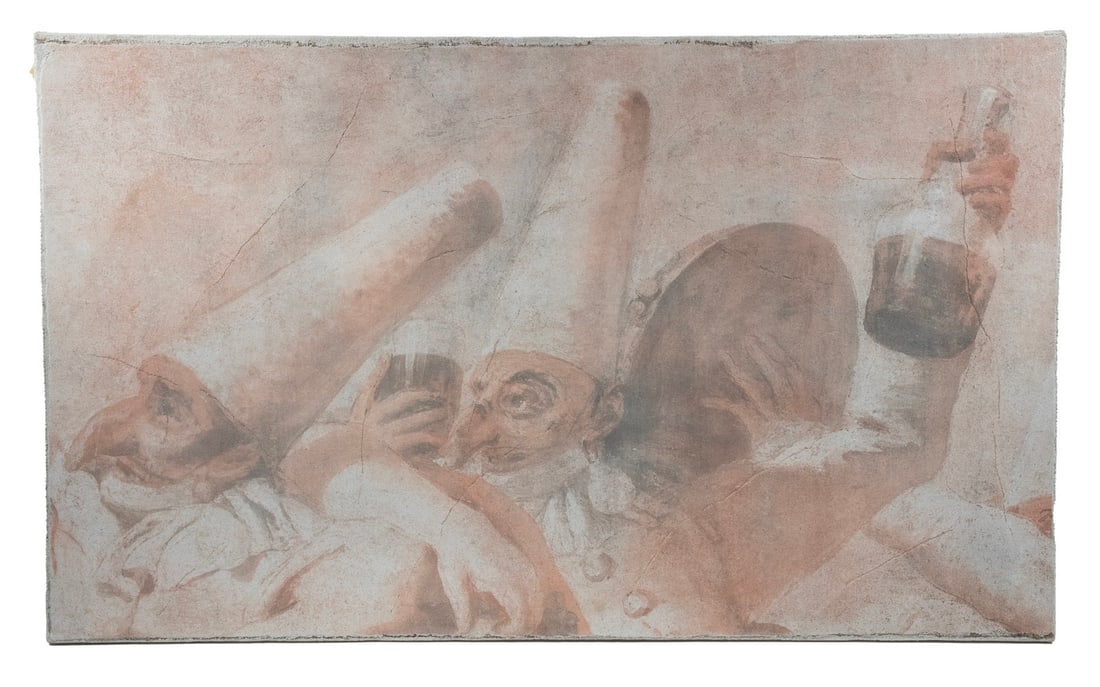 AFTER GIANDOMENICO TIEPOLO (ITALY, 1727-1804): AFTER GIANDOMENICO TIEPOLO (ITALY, 1727-1804) Replica section from "Life of Pulcinella" of the Commedia del' Arte, plaster fresco on canvas, using dust technique and brush, limited edition 26/99,