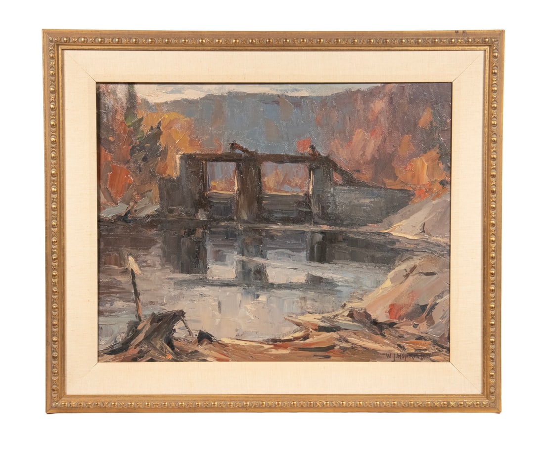 WILLIAM J. HOPKINSON (MA.CAN/UK, 1887-1970): WILLIAM J. HOPKINSON (MA.CAN/UK, 1887-1970) "Old Dam, Red Stone Lake, Ontario", oil on masonite, signed lower right, titled verso with labels from the Vincent Price Collection, in carved gold frame wi