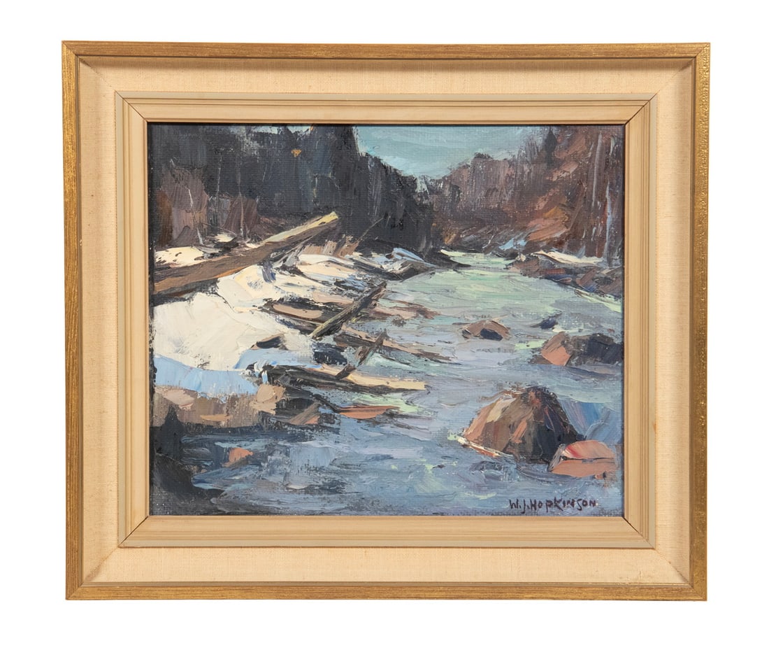 WILLIAM J. HOPKINSON (MA.CAN/UK, 1887-1970): WILLIAM J. HOPKINSON (MA.CAN/UK, 1887-1970) "Hollow River, Dorset", oil on board, signed lower right, titled verso with labels from the Vincent Price Collection, in gold and green cove frame with
