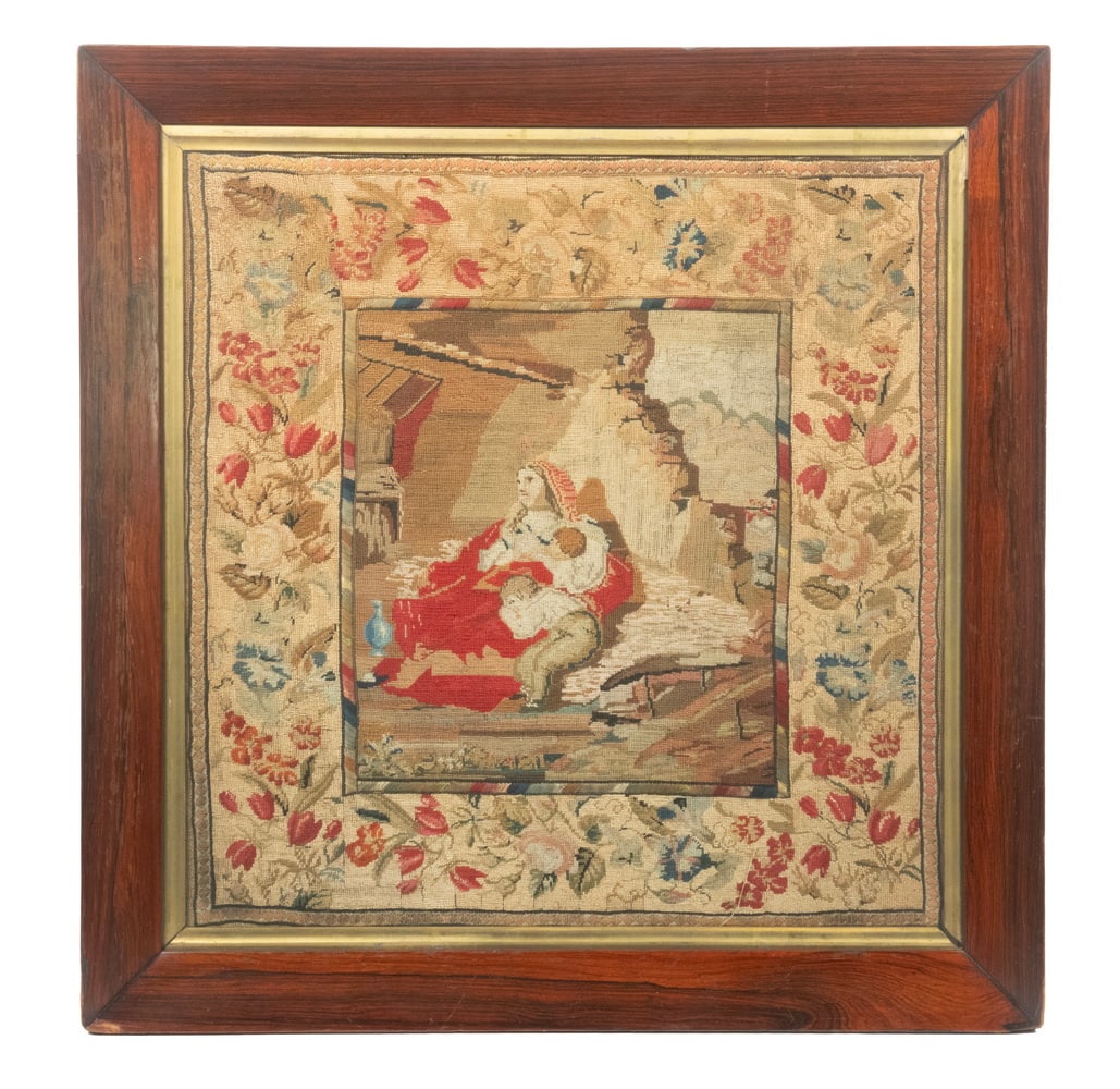 VICTORIAN NEEDLEPOINT, CONTINENTAL: VICTORIAN NEEDLEPOINT, CONTINENTAL Mother and Children Huddled in Ruins of Peasant Cottage, having integral floral border, wool petit point, in mitered rosewood frame with gilt liner, under glass.