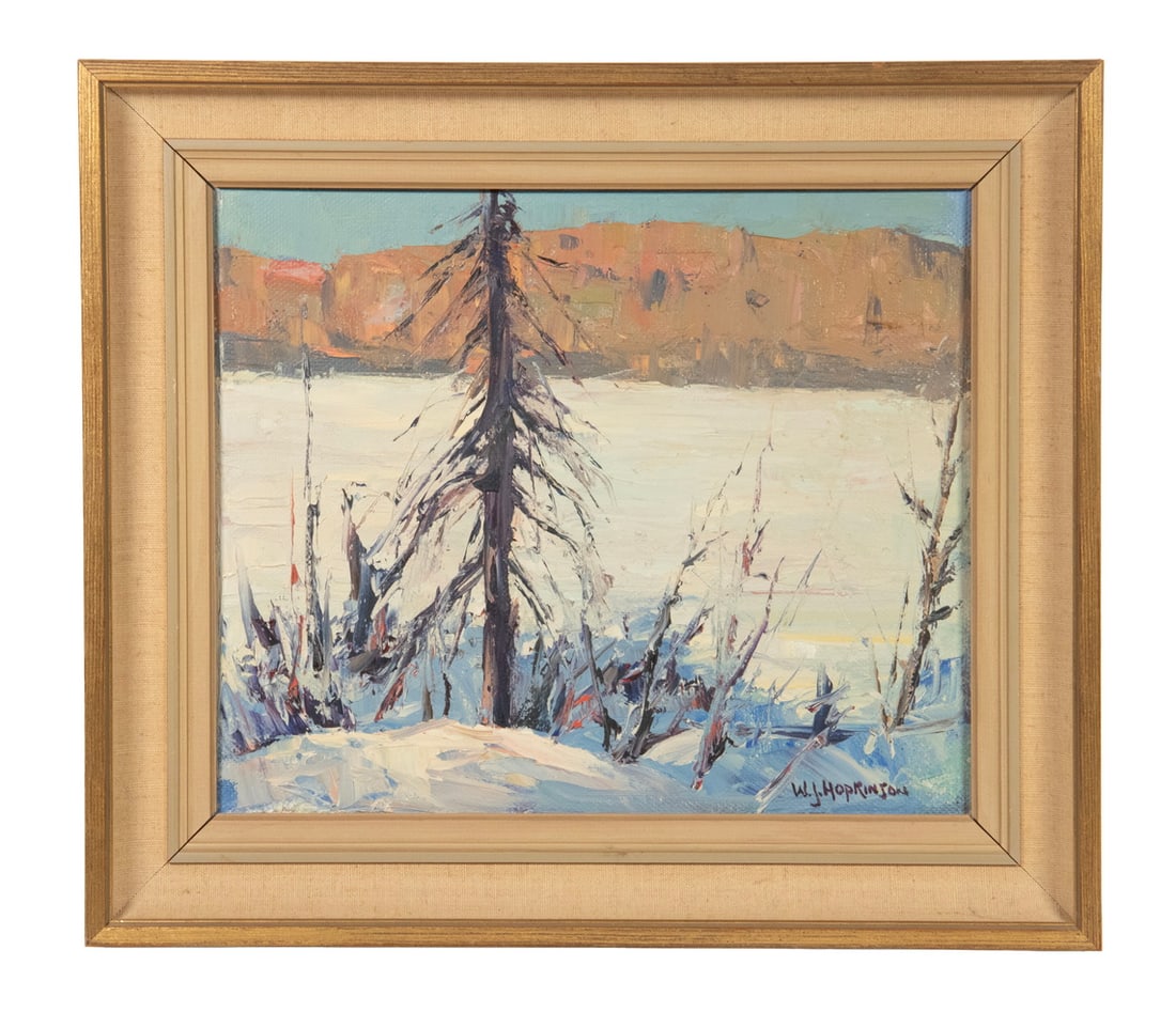 WILLIAM J. HOPKINSON (MA.CAN/UK, 1887-1970): WILLIAM J. HOPKINSON (MA.CAN/UK, 1887-1970) "Oblong Lake", oil on board, signed lower right, titled verso with labels from the Vincent Price Collection, in gold and green cove frame with linen liner.