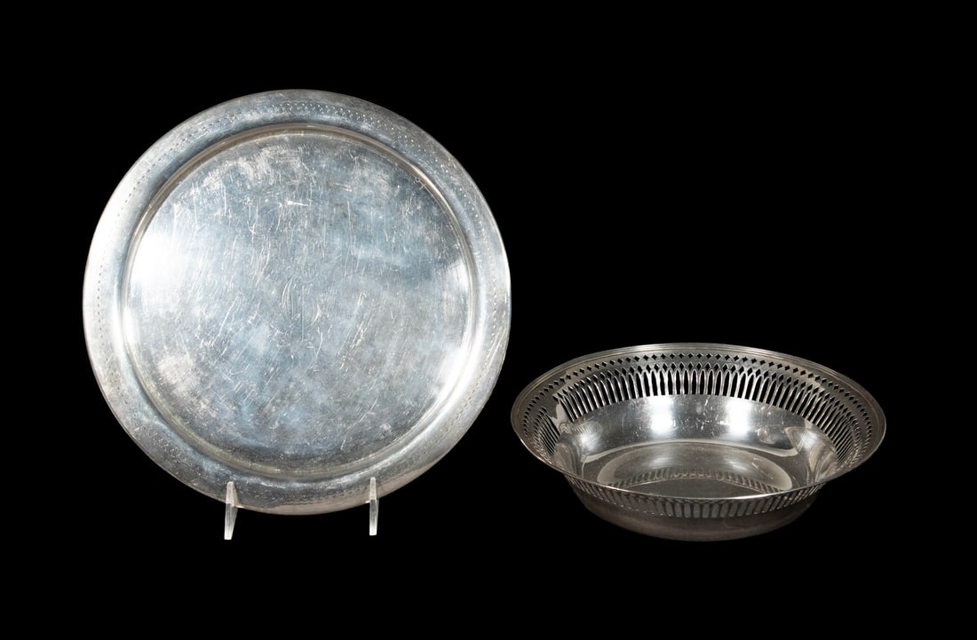 STERLING SERVING DISHES BY DOMINICK & HAFF AND WALLACE: STERLING SERVING DISHES BY DOMINICK & HAFF AND WALLACE (2) Piece Lot, incl: Dominick & Haff pierced rim bowl, #2534, also marked "Boyd Park"; and Wallace round tray, #33-8; 24.31 ozt tw. Lrg: 11 x 11