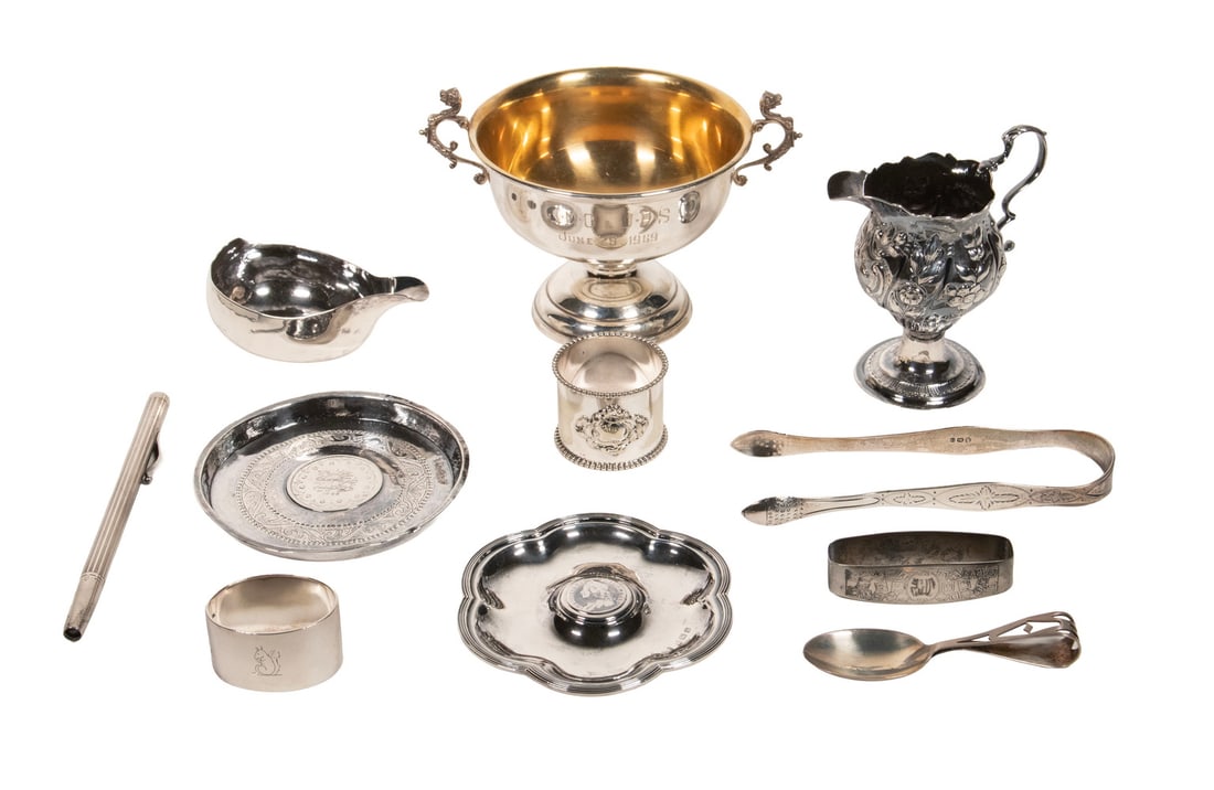 (11) STERLING SILVER ACCESSORIES: (11) STERLING SILVER ACCESSORIES Including: English George III era footed cream jug by Ann Smith & Nathaniel Appleton, London, 1774, with floral repousse decoration and scroll handle, 4 high; Reed &