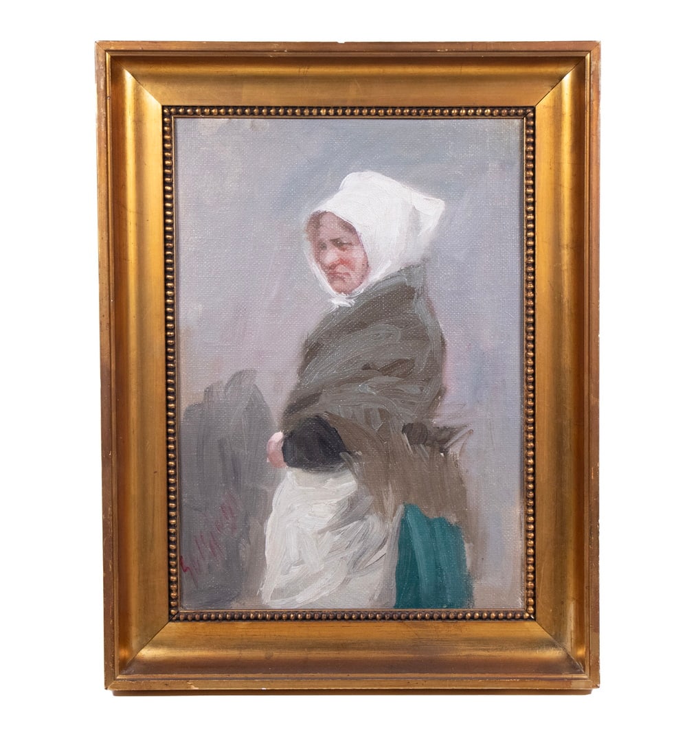 SOREN CHRISTIAN BJULF WOMAN WITH WHITE SCARF: SOREN CHRISTIAN BJULF WOMAN WITH WHITE SCARF Portrait of a woman in traditional dress with white scarf, signed lower left (illegibly), possibly Soren Christian Bjulf. OS: 15 x 11 3/4 in. (38.1 x 29.8