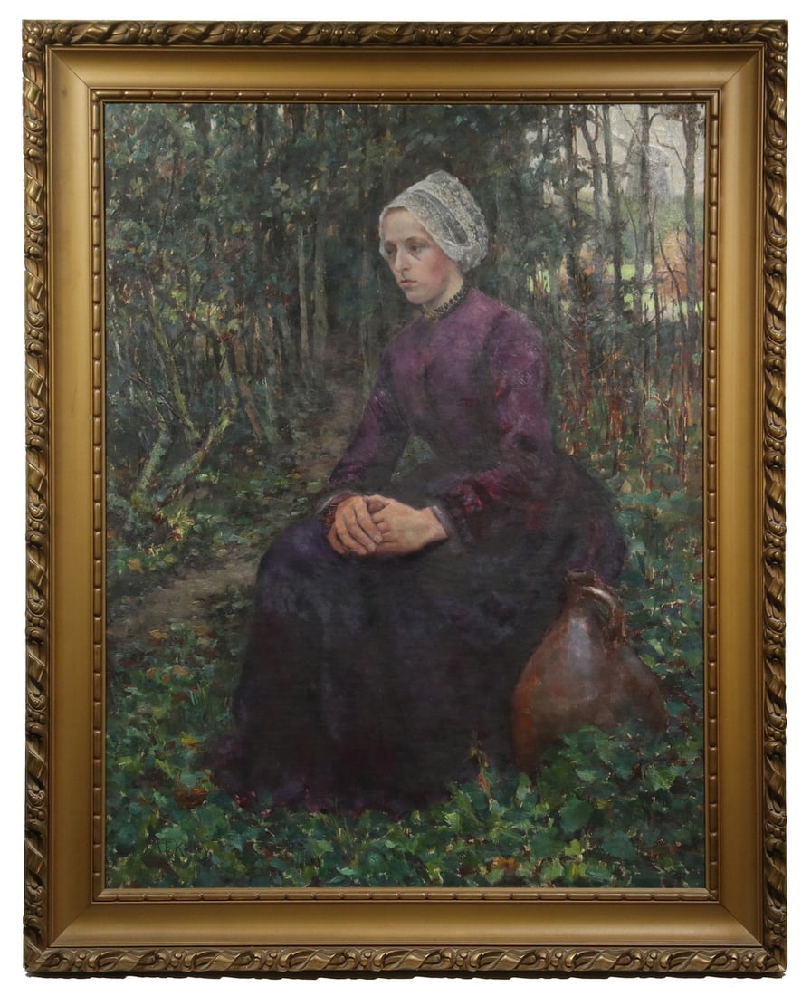 ARIANNA E. KELLEY (CT/NY/FRANCE, 1858-1922): ARIANNA E. KELLEY (CT/NY/FRANCE, 1858-1922) Young Dutch Woman in Purple with Lace Bonnet, Seated in Forest with Windmill in Distance, oil on canvas, signed and dated 1901 lower left, housed in a