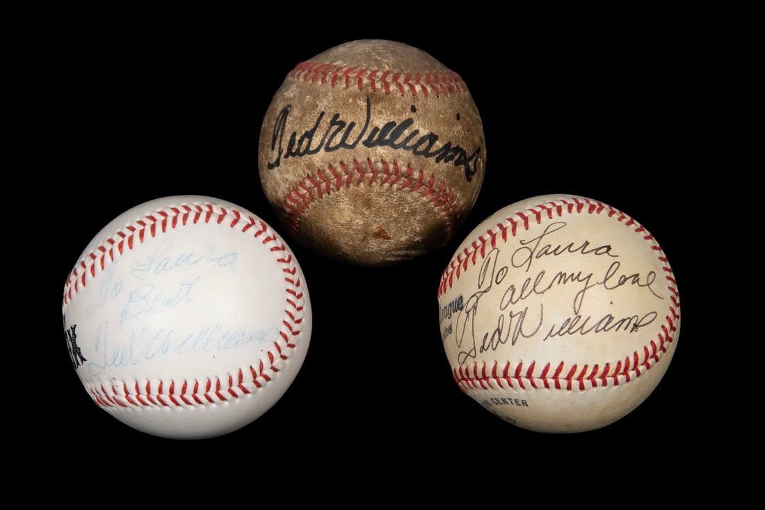 (3) TED WILLIAMS SIGNED BASEBALLS: (3) TED WILLIAMS SIGNED BASEBALLS Including: Official League Rawlings, "To Laura, All my Love, Ted Williams"; Boston Red Sox stamped, with "To Laura, Best, Ted Williams"; unmarked 1980s ball, "Ted
