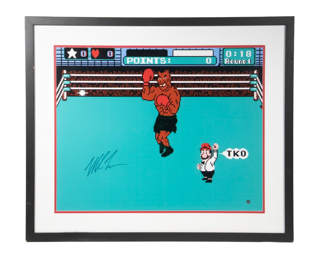 MIKE TYSON SIGNED PRINT: MIKE TYSON SIGNED PRINT "Mike Tyson signed Punchout", published by Steiner Sports, with hologram button SS267588, apparently 250/350, boldly signed in marker, with black box frame, matted under