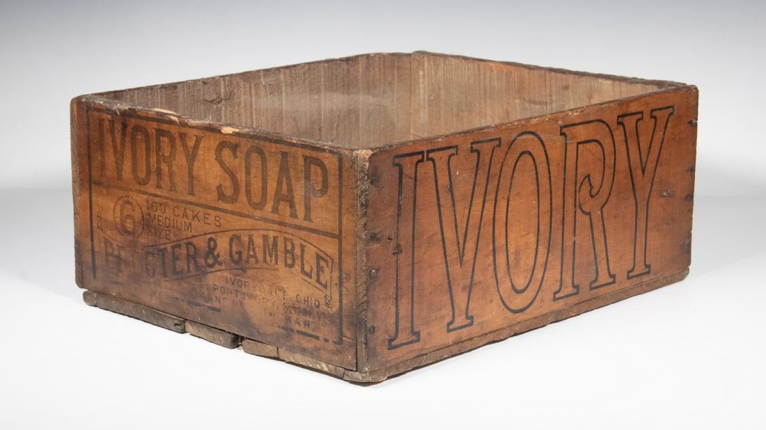 MID-19TH C. IVORY SOAP BOX: MID-19TH C. IVORY SOAP BOX Proctor & Gamble of Cincinnati, Ohio, mahogany crate with "Ivory" stenciled on the long sides, P&G label printed on one end, company seal on the other, refinished. Size: 7