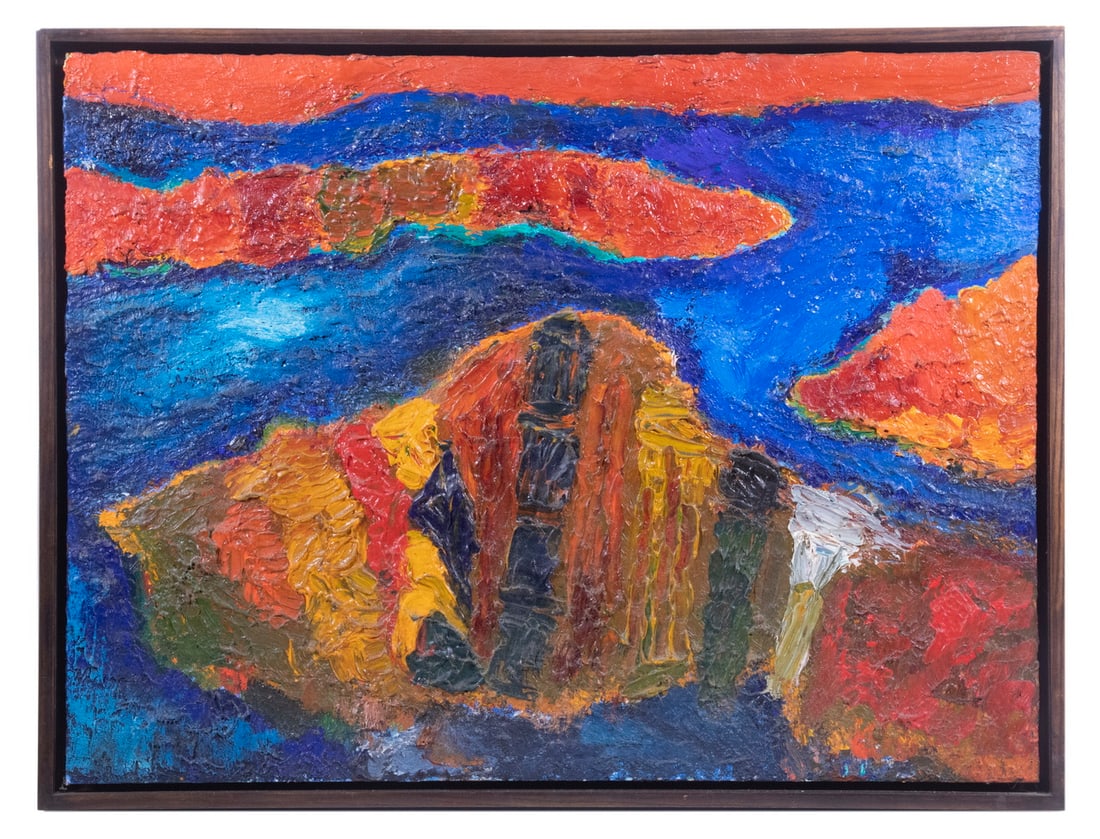 RICHARD W. MILLER ABSTRACT PAINTING: RICHARD W. MILLER ABSTRACT PAINTING Islands, oil on canvas panel, signed "R.W. Miller" and dated "'84" verso, in a wooden floating frame. Good condition. OS: 18 1/4 x 24 1/4 in. (46.4 x 61.6 cm.),
