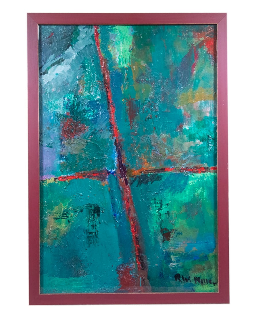 RICHARD W. MILLER ABSTRACT PAINTING: RICHARD W. MILLER ABSTRACT PAINTING Red Cross, mixed media on canvas, signed "R.W. Miller" lower right, in a red painted wooden frame, glazed. Good condition. OS: 32 1/4 x 22 1/4 in. (81.9 x 56.5