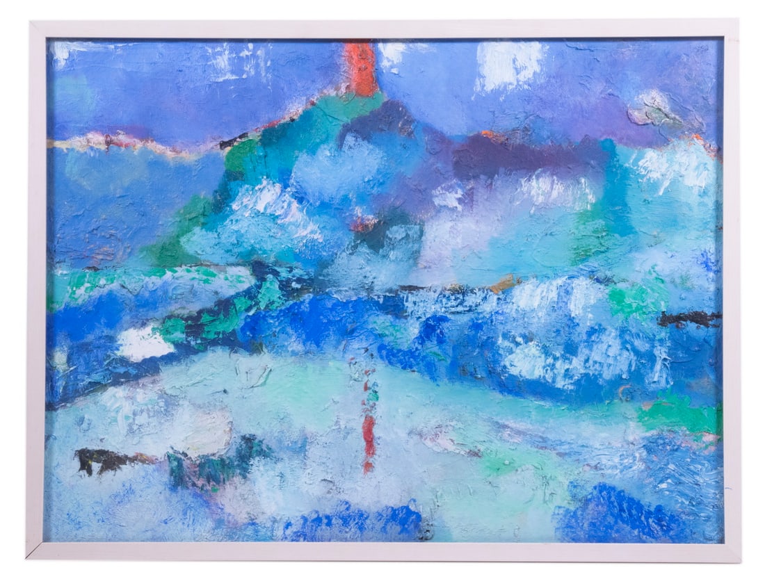 RICHARD W. MILLER ABSTRACT PAINTING: RICHARD W. MILLER ABSTRACT PAINTING "El Monte", mixed media on canvasboard, label affixed verso marked "Miller" and with title, a heavy impasto depiction of an erupting volcano, in a white painted