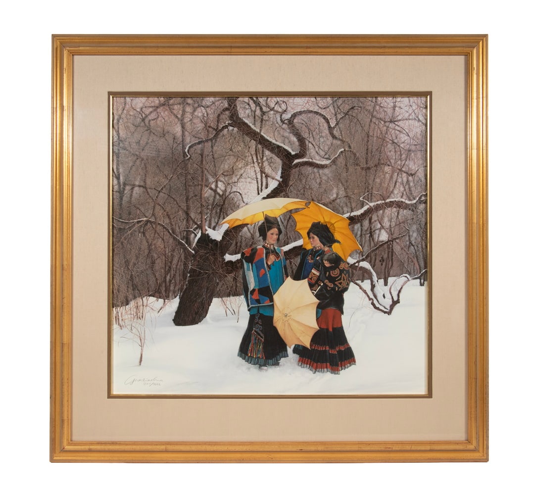 GAO XIAOHUA (B. 1955), WINTER GROVE, 1989: GAO XIAOHUA (B. 1955), WINTER GROVE, 1989 A signed and numbered limited edition print (201/888) by Gao Xiaohua, depicting three peasant women dressed in traditional Yiji costumes, walking under