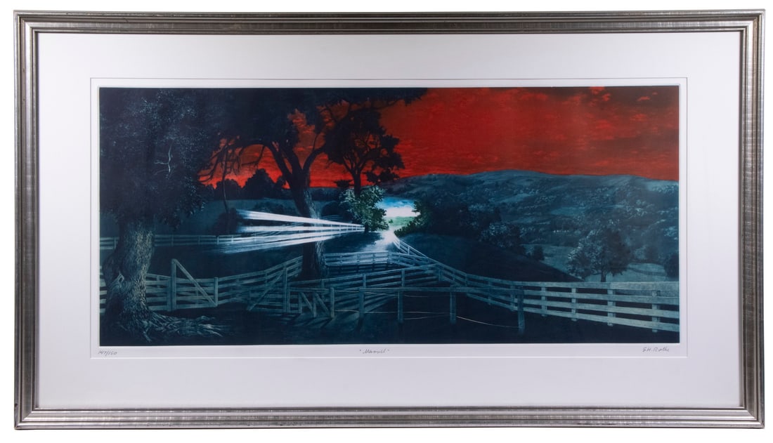 GATJA HELGARD ROTHE (CA/NY/GERMANY/SWITZERLAND, 1935-2007): GATJA HELGARD ROTHE (CA/NY/GERMANY/SWITZERLAND, 1935-2007) "Marvel," a Magic Realism panoramic valley landscape with white fences, limited edition mezzotint, pencil signed lower right, titled and