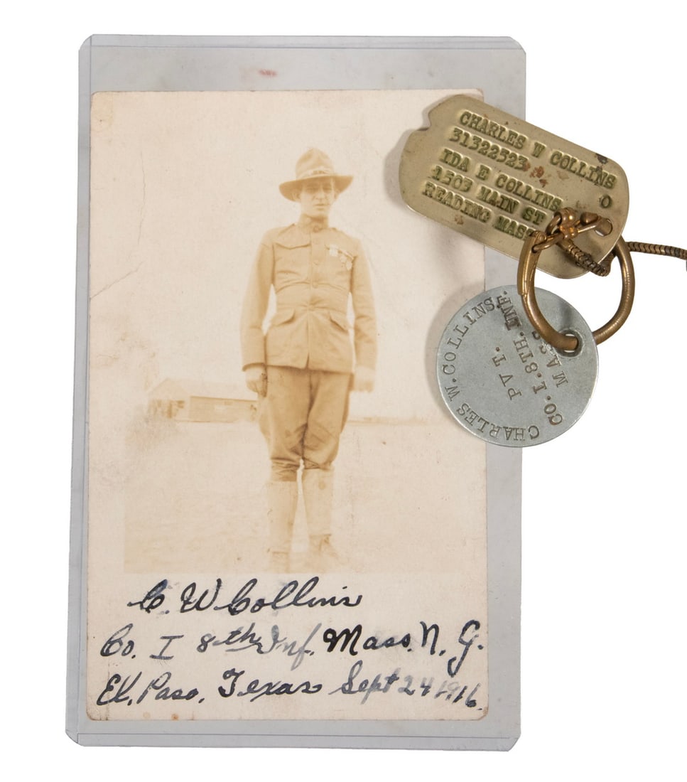 SCARCE SPANISH-AMERICAN US ARMY VETERAN EPHEMERA: SCARCE SPANISH-AMERICAN US ARMY VETERAN EPHEMERA Framed Roster & Glass Case: including: Property of Priv. Charles W. Collins, Co I, 8th Regt Mass. NG Infantry ,enlisted age 26 from Lowell, Mass,