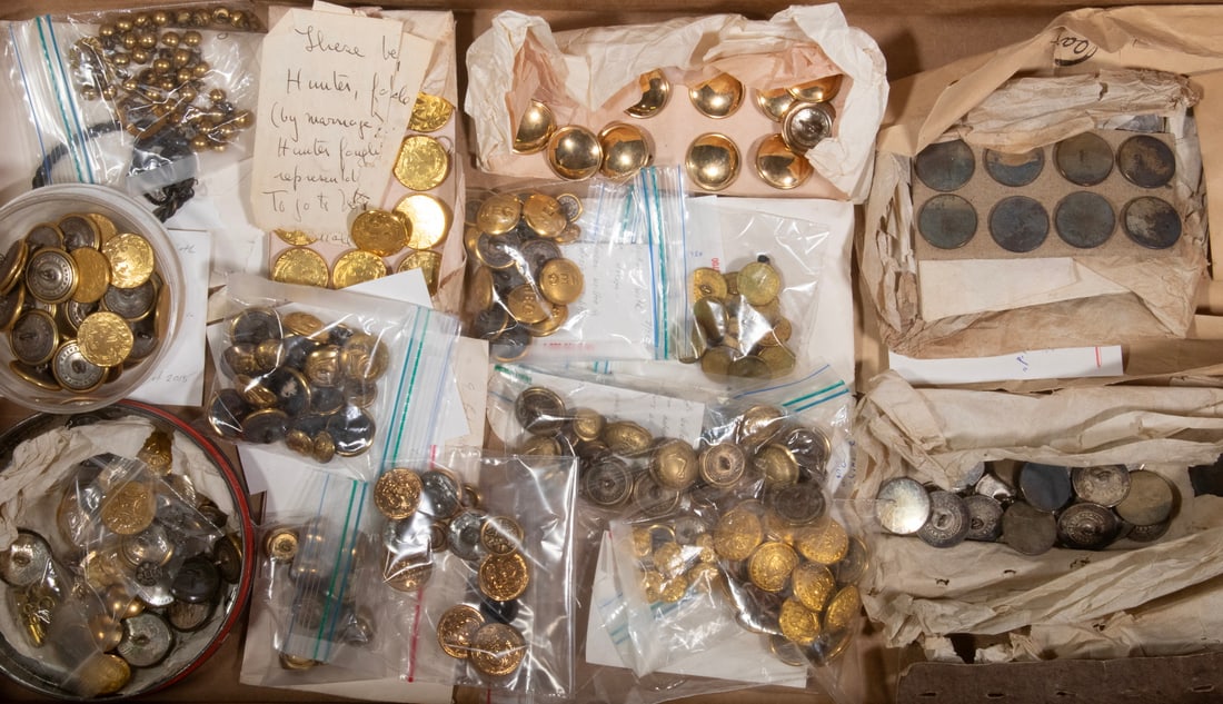 LARGE COLLECTION OF 19TH C. BUTTON SETS, SOME MILITARY: LARGE COLLECTION OF 19TH C. BUTTON SETS, SOME MILITARY At least (15) sets, some with 19th c. notes identifying owners, nearly all with modern notes. Property of E.B. Cullen, descended in Major Gen.