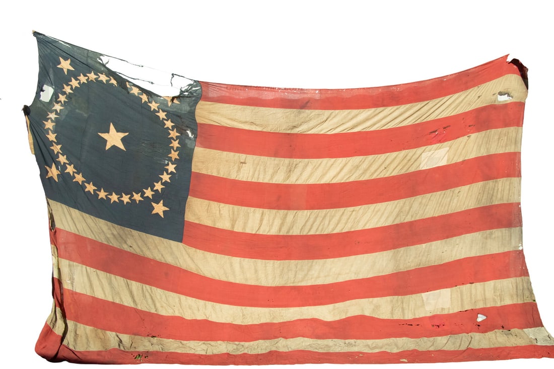 CA 1880 RARE 38 STAR HUGE NAVAL ENSIGN FLAG, MEDALLION STAR PATTERN CANTON, 10x16 (1 of 4)