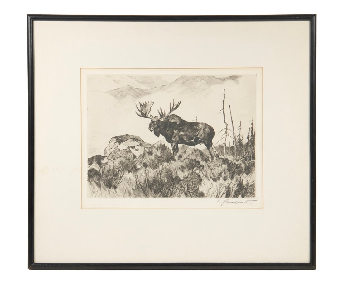 CARL CLEMENS MORITZ RUNGIUS (GERMANY/US 1869-1959): CARL CLEMENS MORITZ RUNGIUS (GERMANY/US 1869-1959) "The Wanderer", 1935, depicting a Bull Moose in the wild, etching with dry point, on wove paper, signed in pencil, with margins, in black stick