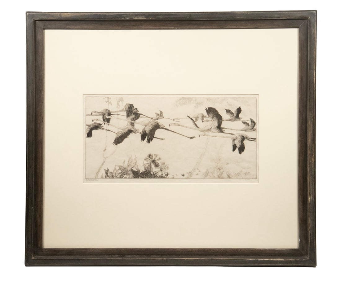 JAMES EDMUND ALLEN (NY/LA, 1894-1964): JAMES EDMUND ALLEN (NY/LA, 1894-1964) "Flamingos in Flight", etching with drypoint, pencil signed and marked "To Harold Shinn, Christmas, 1935", in dark painted stepped frame, museum mount, matted