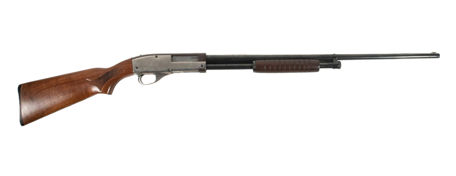H&R MODEL 402 SHOTGUN, .410 GA: H&R MODEL 402 SHOTGUN, .410 GA An offering of a vintage, small-bore, pump action shotgun made by Harrington & Richardson. The firearm features a round barrel in deep blued finish mounted to a