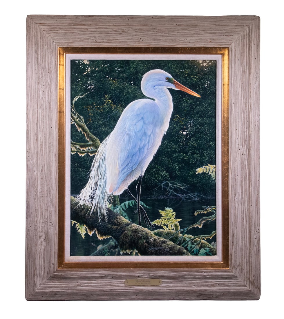JAN MARTIN MCGUIRE (CO/OK, 1955 -): JAN MARTIN MCGUIRE (CO/OK, 1955 - ) "Egret Evening", acrylic on masonite, signed lower center and dated '92, titled on frame tag, housed in a barnwood molded frame with gilt and linen liner. OS: 34 x
