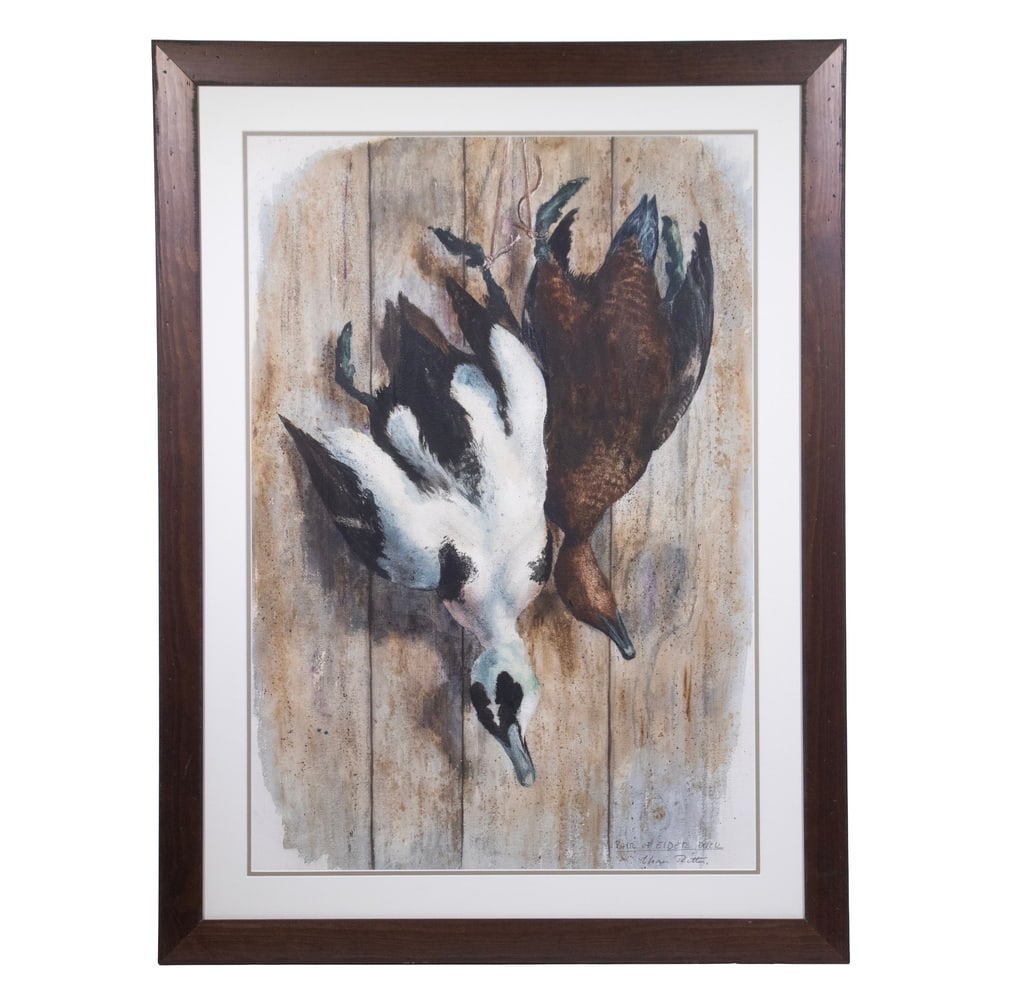 CHRIS RITTER (ME/KS, 1906-1976): CHRIS RITTER (ME/KS, 1906-1976) "Pair of Eider Ducks" (Trophies), watercolor on Arches paper, signed and titled lower right, in walnut stained spruce frame, matted under glass. OS: 44 x 33 in. (111.8