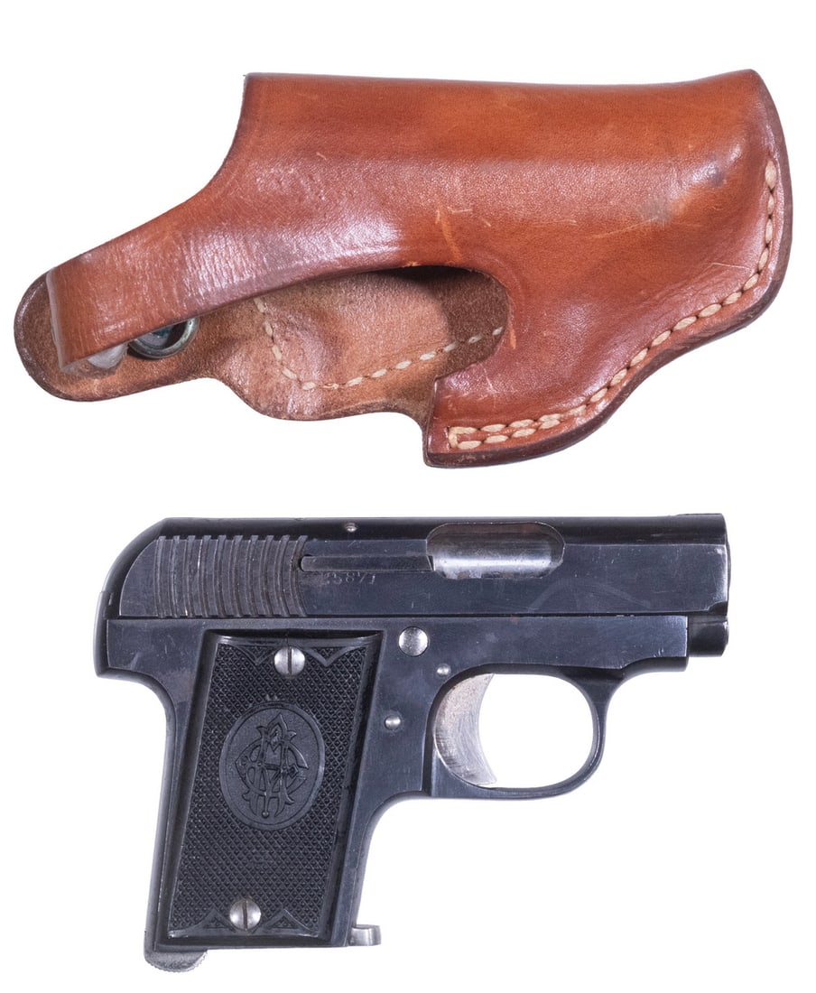 SPANISH MADE "BRONCO" POCKET PISTOL, .25 ACP: SPANISH MADE "BRONCO" POCKET PISTOL, .25 ACP A Spanish made copy of the Colt 1905 Vest Pocket Hammerless. The gun features a deep blued finish through with checkered black plastic grip panels. The sli