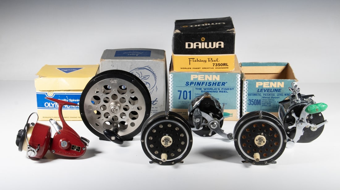 (9) VINTAGE 1960'S-70'S FISHING REELS: (9) VINTAGE 1960'S-70'S FISHING REELS Including: Penn 701, MIB, Olympic 520 in box, Daiwa 7350RL in box, Penn Leveline 350 in box, Airex Larchmont 312 MIB, (2) Pfleuger Medaist, Pfleuger SalTrout