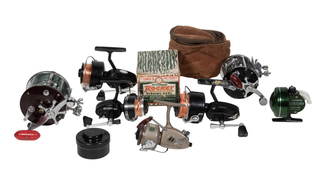 (9) VINTAGE 1960'S-70'S FISHING REELS: (9) VINTAGE 1960'S-70'S FISHING REELS Including: Pfleuger Rocket 135-S in box, Penn No 304, Mitchell 304A, (2) Mitchell 300, Olympic HM-4, Daiwa 7250RLA, Johnson Century Model 100B, Penn Peer 209.
