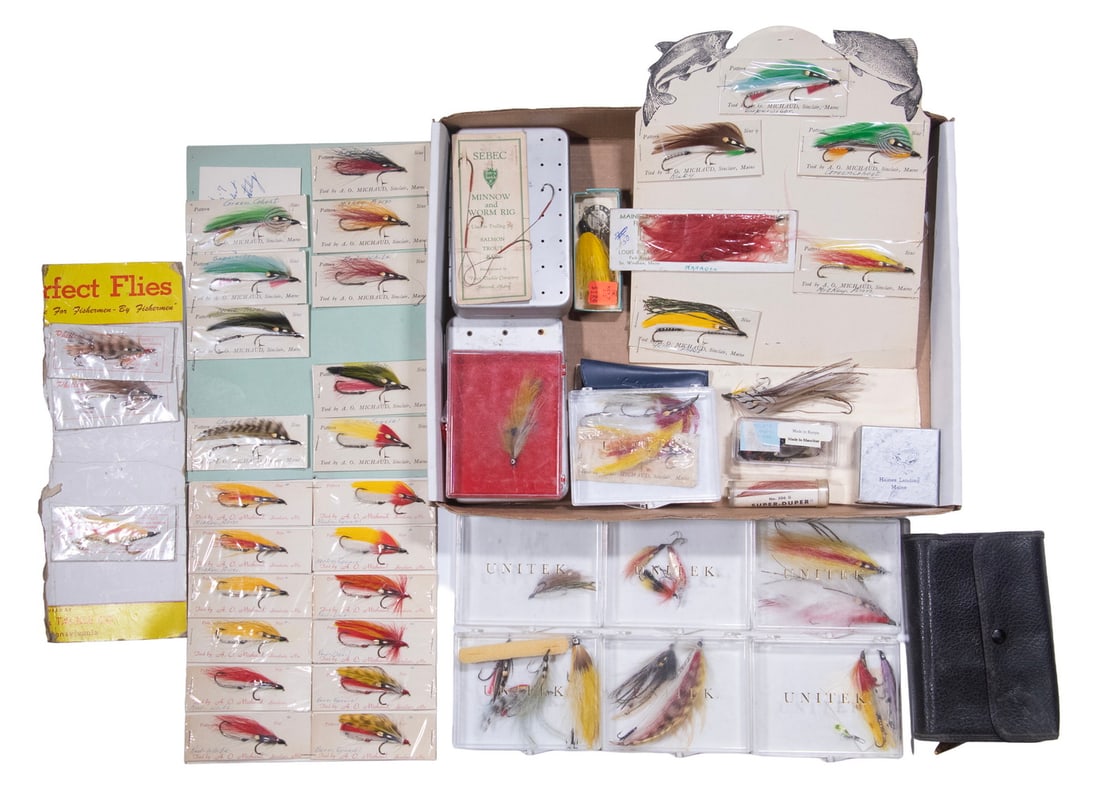 TRAY OF 1960'S DRY FLY LURES, MANY STILL ON CARDS: TRAY OF 1960'S DRY FLY LURES, MANY STILL ON CARDS Including several by A.O. Michaud of Sinclair, Maine, some store display cards. Provenance: Dorothy S. Osher Trust Box size: 2 3/8 x 12 1/2 x 16 1/2