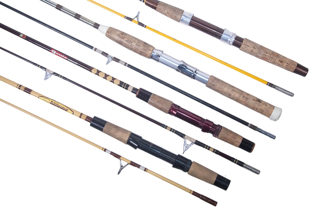 (4) FIBERGLAS LAKE CASTING RODS: (4) FIBERGLAS LAKE CASTING RODS Including: Garcia Conolon Four Star B501-D 5'-6", light action, fast taper; PLUS Winfield 121 2pc 5'-6" by Berkley; PLUS unmarked chrome, 2pc 6'-6"; PLUS worn unmarked