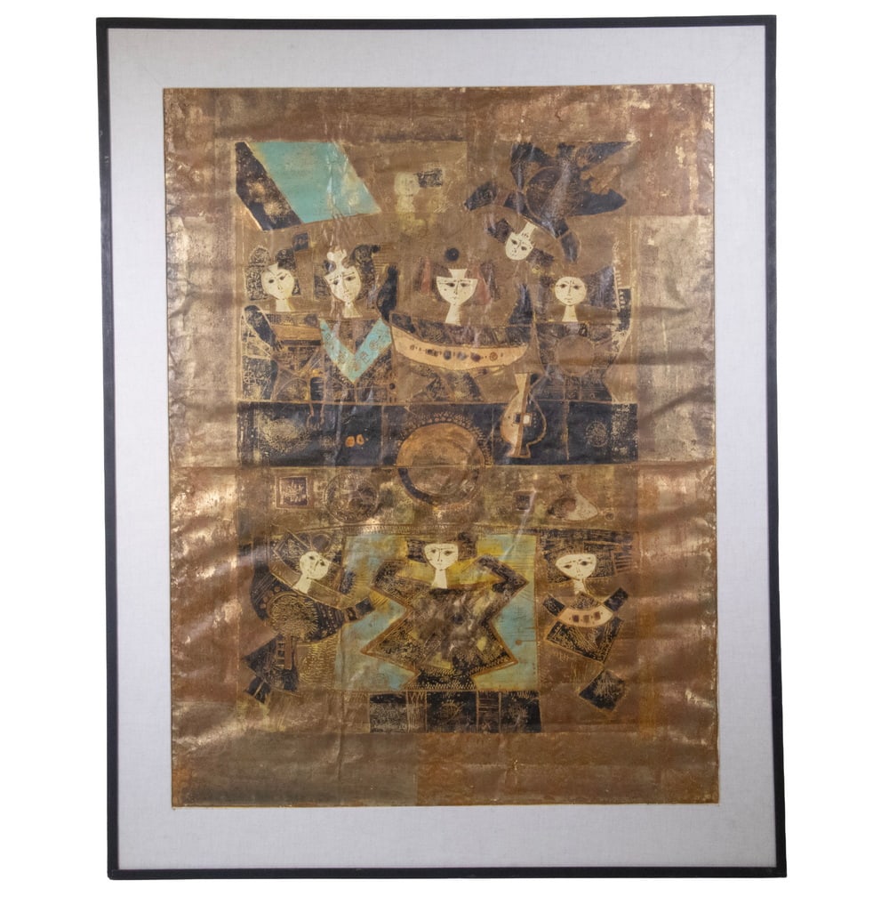MERSAD BERBER (BOSNIA, 1940-2012): MERSAD BERBER (BOSNIA, 1940-2012) Icon of Saints, mixed media gold and particolor gouache with block over-printing on two sheets of paper joined at center. Unsigned, in black box frame, with linen