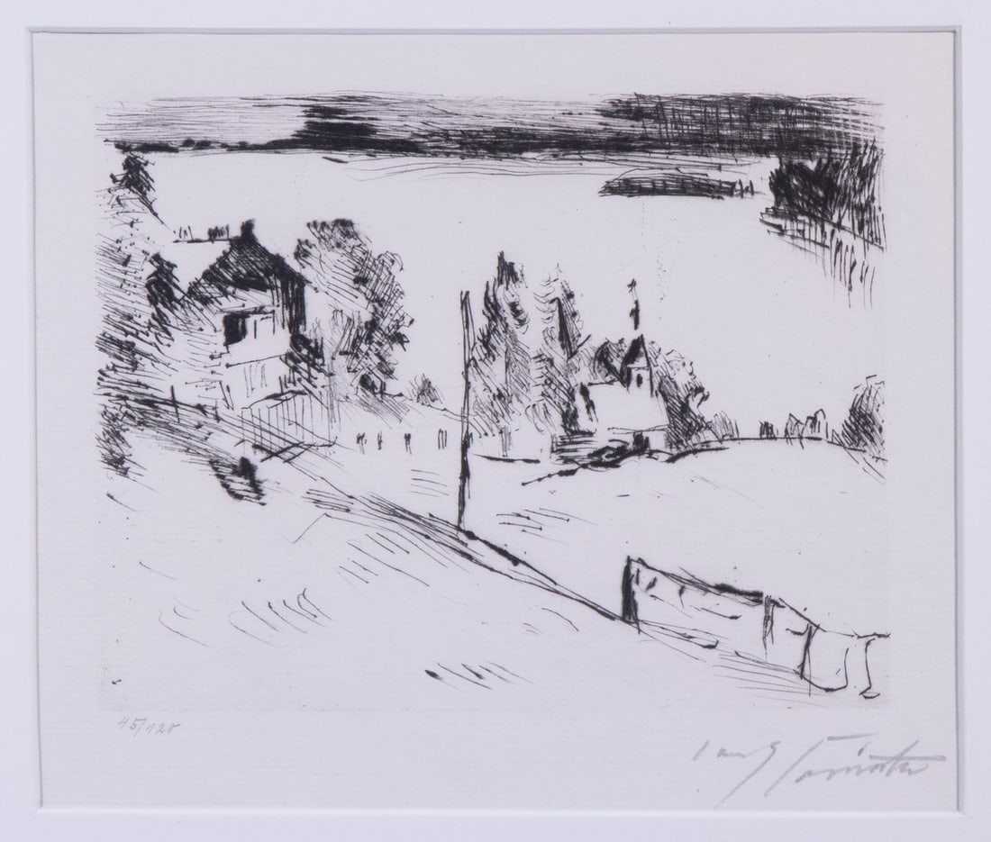 LOVIS CORINTH (GERMANY, 1856-1925): LOVIS CORINTH (GERMANY, 1856-1925) "Walchensee" (One of a series of views of Walchensee). Drypoint on heavy laid paper with watermark, pencil signed and numbered 45/120. In gold molded frame, matted