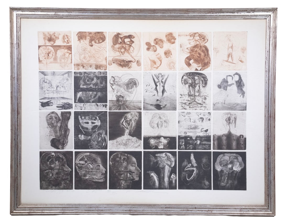 JIRI ANDERLE (CZECH, 1936 -): JIRI ANDERLE (CZECH, 1936 - ) "Comedie No. 9-10", 24 small aquatint etchings with drypoint, on one sheet of Japan paper, mystical social imagery of humans, birds and beasts with mechanical intersect,