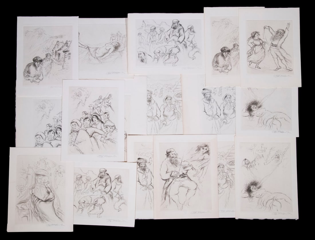 IRA MOSKOWITZ (NY/POLAND, 1912-2001): IRA MOSKOWITZ (NY/POLAND, 1912-2001) (13) large & (4) small etchings from Isaac Bashevis Singer's "Satan in Goray", with some repeats, the smaller signed, the larger unsigned but with ink color
