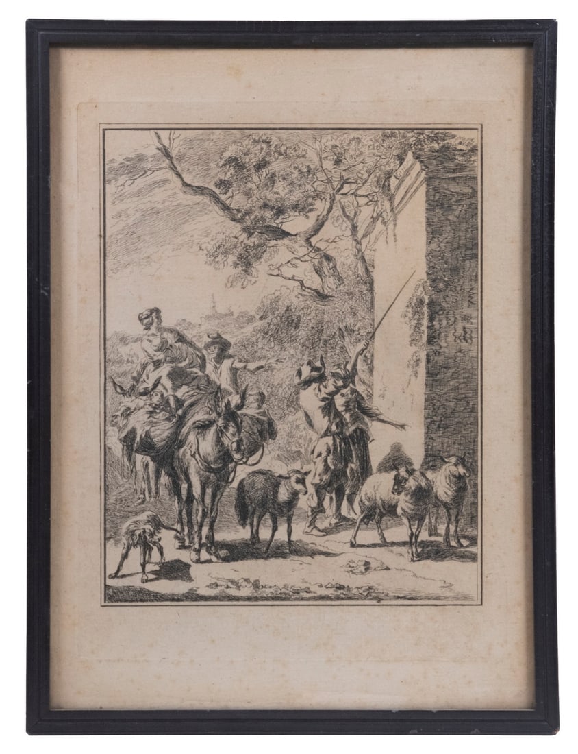CLAES JANSZ VISSCHER (NETHERLANDS, 1586-1652) AFTER NICOLAES PIETERSZ BERCHEM (NETHERLANDS,: CLAES JANSZ VISSCHER (NETHERLANDS, 1586-1652) AFTER NICOLAES PIETERSZ BERCHEM (NETHERLANDS, 1621-1683) Period Reverse copy of "Landscape with Woman and Three Children Riding a Donkey, and Two Men and