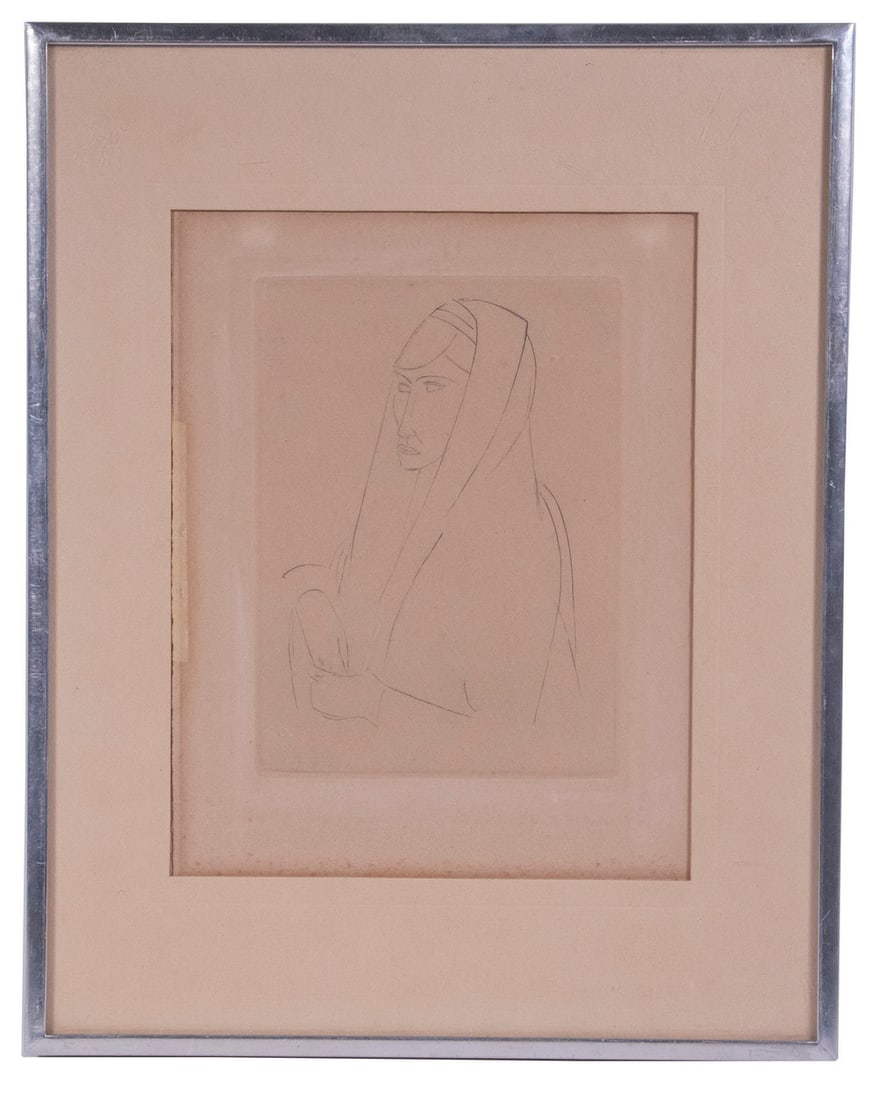 ANDRE DERAIN (FRANCE, 1880-1954): ANDRE DERAIN (FRANCE, 1880-1954) Woman Wearing a Mantle, drypoint on paper, unsigned, in aluminum box frame, matted under plexiglass. OS: 14 1/2 x 11 1/2 in. (36.8 x 29.2 cm.), SS: 7 x 5 in. (17.8 x