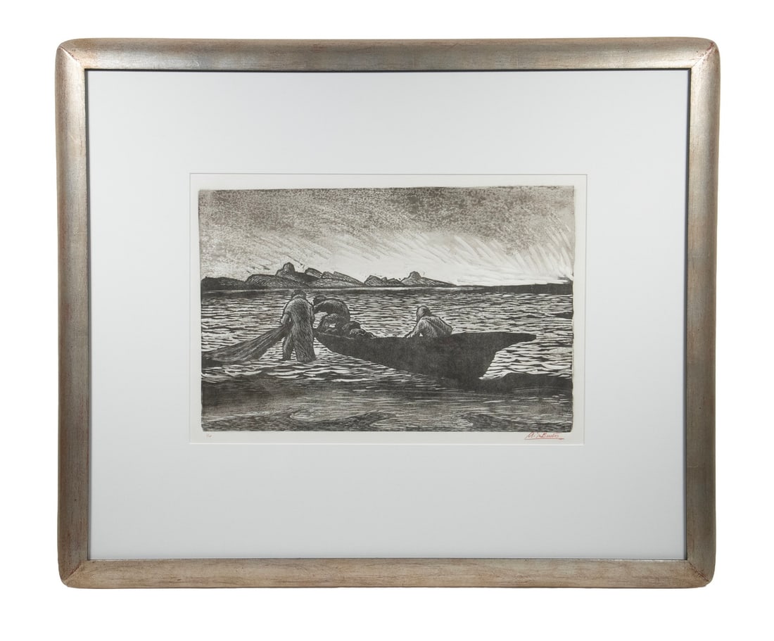 ARTURO GARCIA BUSTOS (MEXICO, GUATEMALA, 1926-2017): ARTURO GARCIA BUSTOS (MEXICO, GUATEMALA, 1926-2017) Dorymen Loading Nets, black & white woodblock print, signed in red pencil, in silver half round frame, matted under glass. Bustos trained under