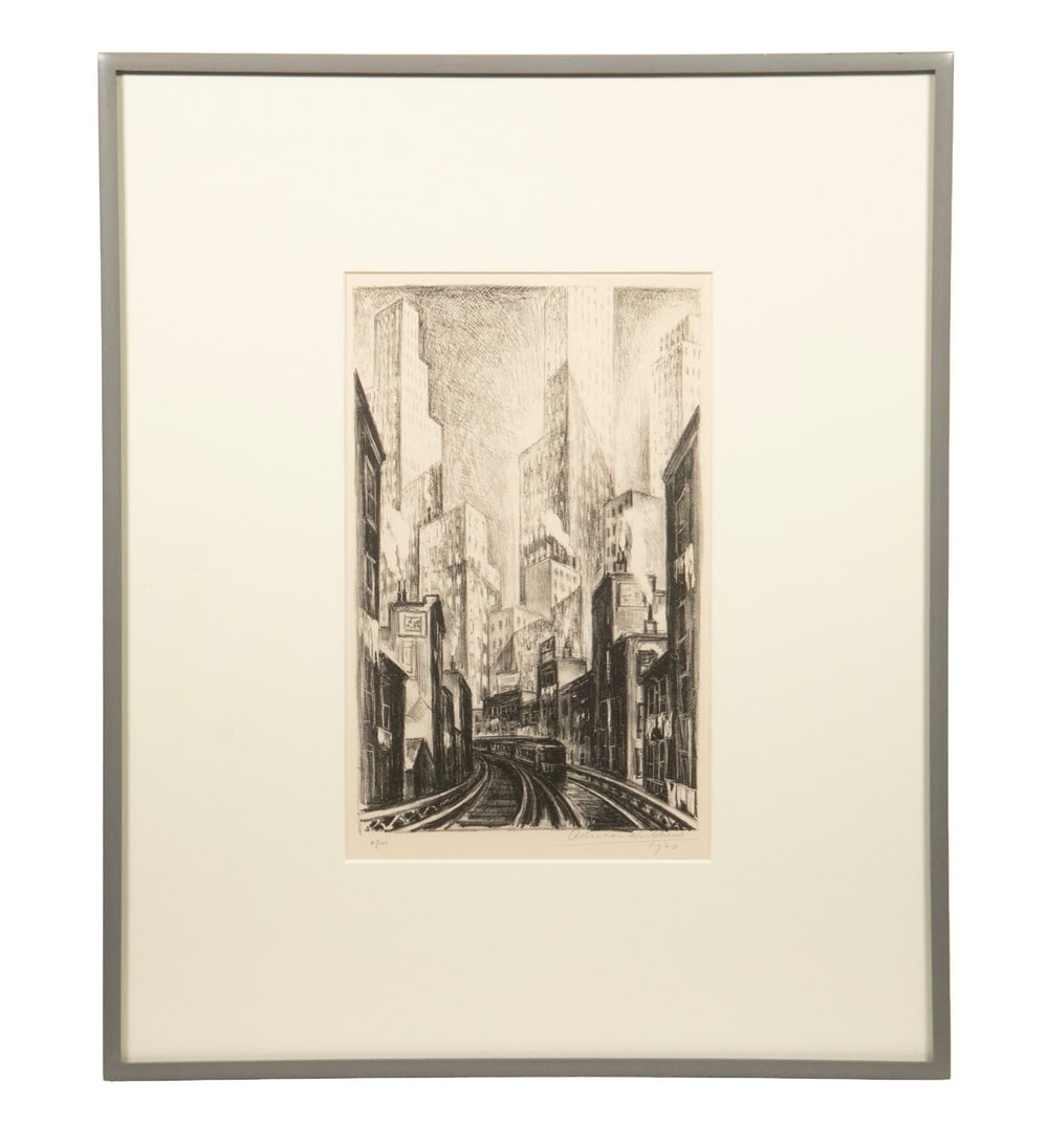 ADRIAAN LUBBERS (NY/NETH, 1892-1985): ADRIAAN LUBBERS (NY/NETH, 1892-1985) "The El at Chatham Square, 1930", lithograph, pencil signed and dated; numbered 7/100, museum mount, in grey metal casement frame, matted under glass. OS: 17 x 14