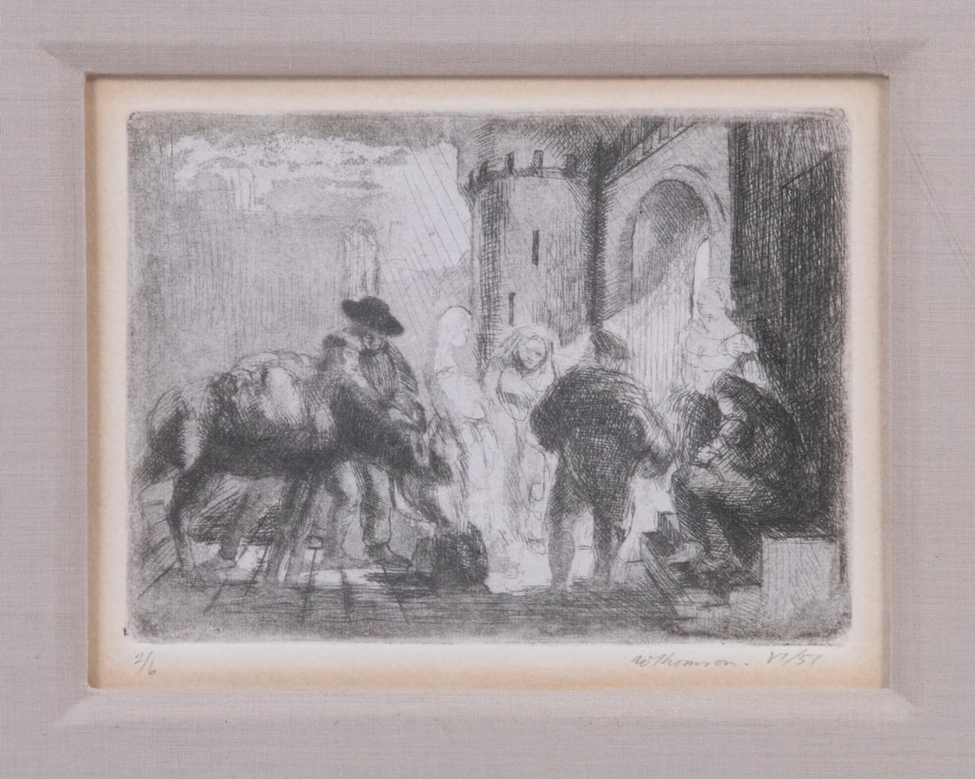WILLIAM THOMSON (20TH C.): WILLIAM THOMSON (20TH C.) Travelers Approaching Ancient City Gate, etching on paper, signed lower right, dated 1951, numbered 2/6, in hand carved silver leaf and polychromed Heydenryk frame, silk mat,