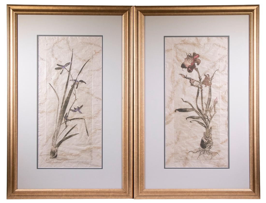 FRANCES SWIGART-STEG (LA, 1942 -): FRANCES SWIGART-STEG (LA, 1942 - ) Botanical Studies of Flowers, color etching on hand made paper incorporating fern fronds, pencil signed, numbered 20/150 (Orchids) & 19/150 (Day Lillies) both