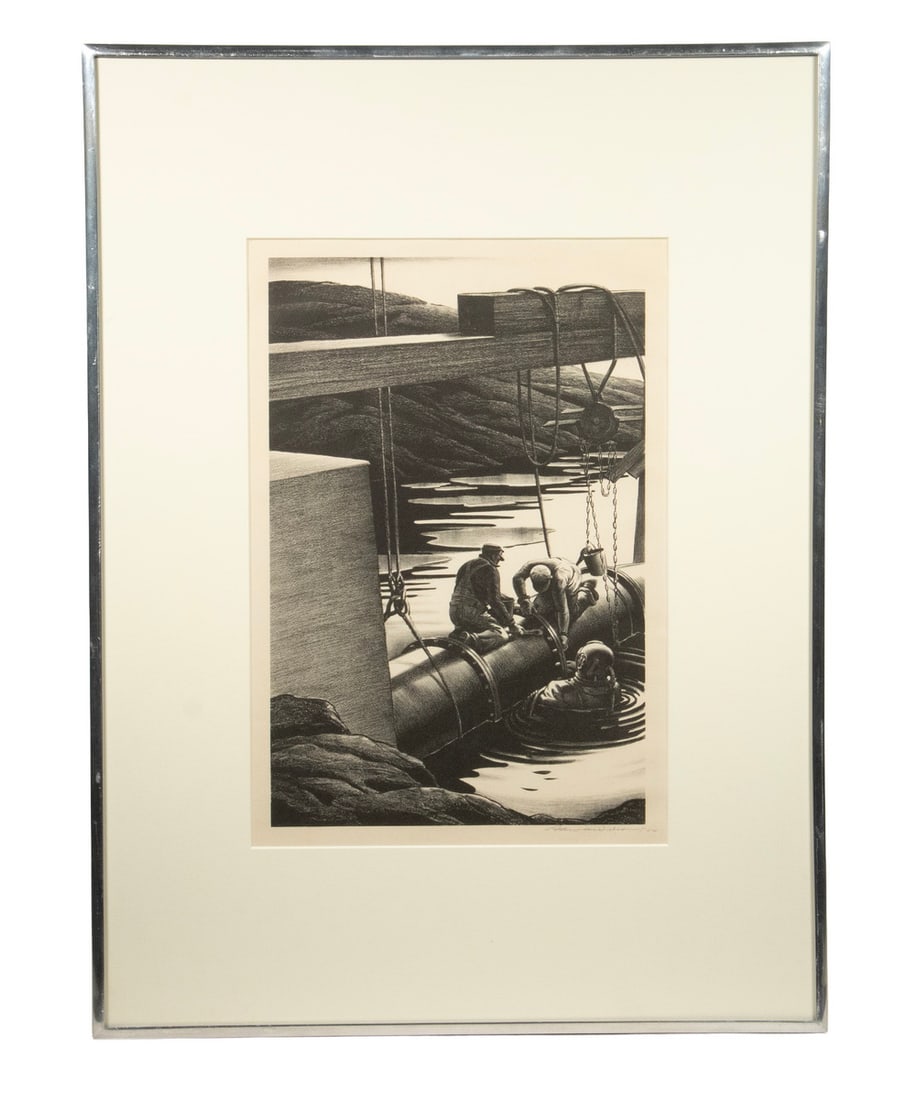 EDWARD ARTHUR WILSON (NY, 1886-1970): EDWARD ARTHUR WILSON (NY, 1886-1970) "Underwater Pipe", lithograph; pencil signed, dated '42, in chromed casement frame, museum mount, matted under UV glass. OS: 23 1/2 x 17 1/2 in. (59.7 x 44.5 cm.),