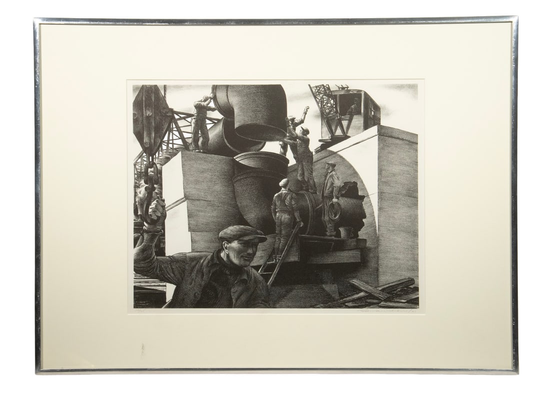EDWARD ARTHUR WILSON (NY, 1886-1970): EDWARD ARTHUR WILSON (NY, 1886-1970) "Pipeline Construction", lithograph; pencil signed, dated '42, in chromed casement frame, museum mount, matted under UV glass. OS: 17 1/2 x 23 1/2 in. (44.5 x