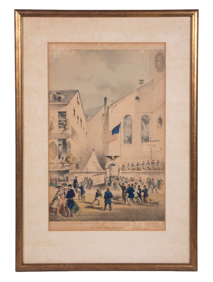 PARE 1862 BOSTON PRINT OF OLD SOUTH CHURCH AS RECRUITING STATION: PARE 1862 BOSTON PRINT OF OLD SOUTH CHURCH AS RECRUITING STATION "The Old South Church", hand colored lithograph by J.H. Bufford, 313 Washington St, Boston, "patented 22nd Sept 1862." Entry arch is