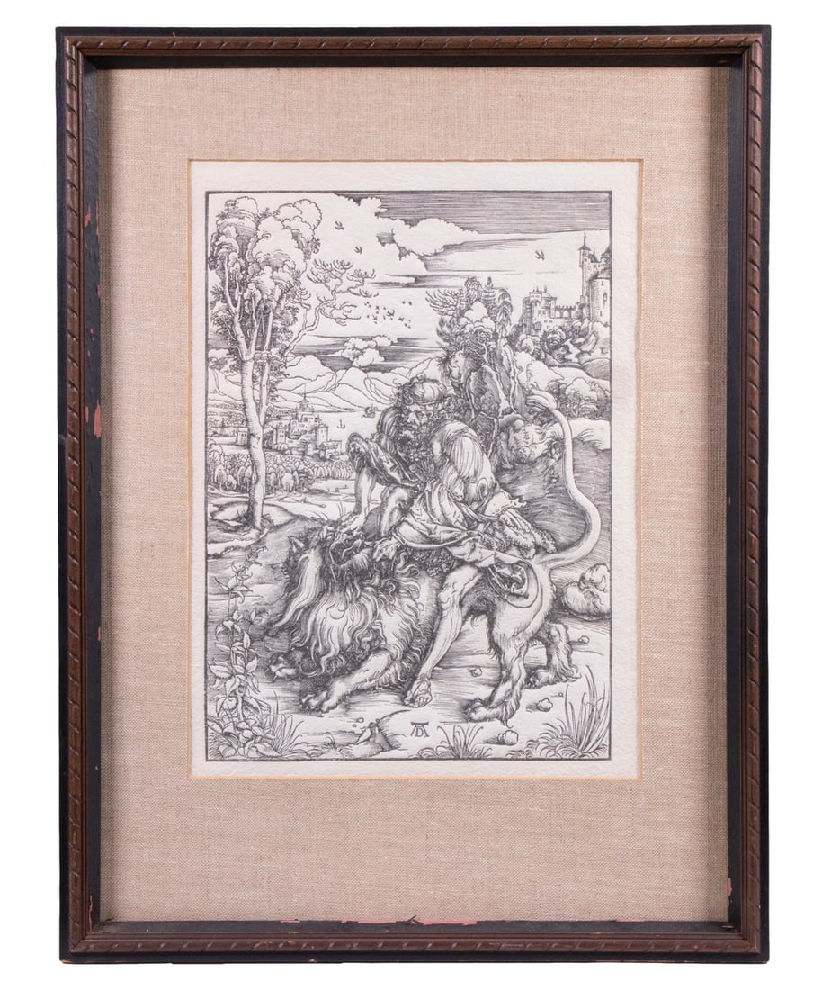 FRAMED PRINT AFTER ALBRECHT DURER: FRAMED PRINT AFTER ALBRECHT DURER "Samson Rending the Lion," the original c. 1497/1498. Copper printing matrix (plates) , created to reproduce prints of the work of one of the masters of the German Re