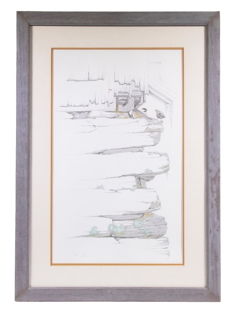 PETER KOMMER PARNALL (ME, 1936 - ): PETER KOMMER PARNALL (ME, 1936 - ) Chickadees on Cabin Foundation, litho with touches of color on paper, signed lower left, numbered 313/1500, in barn wood panel frame, matted under glass. OS: 32 x