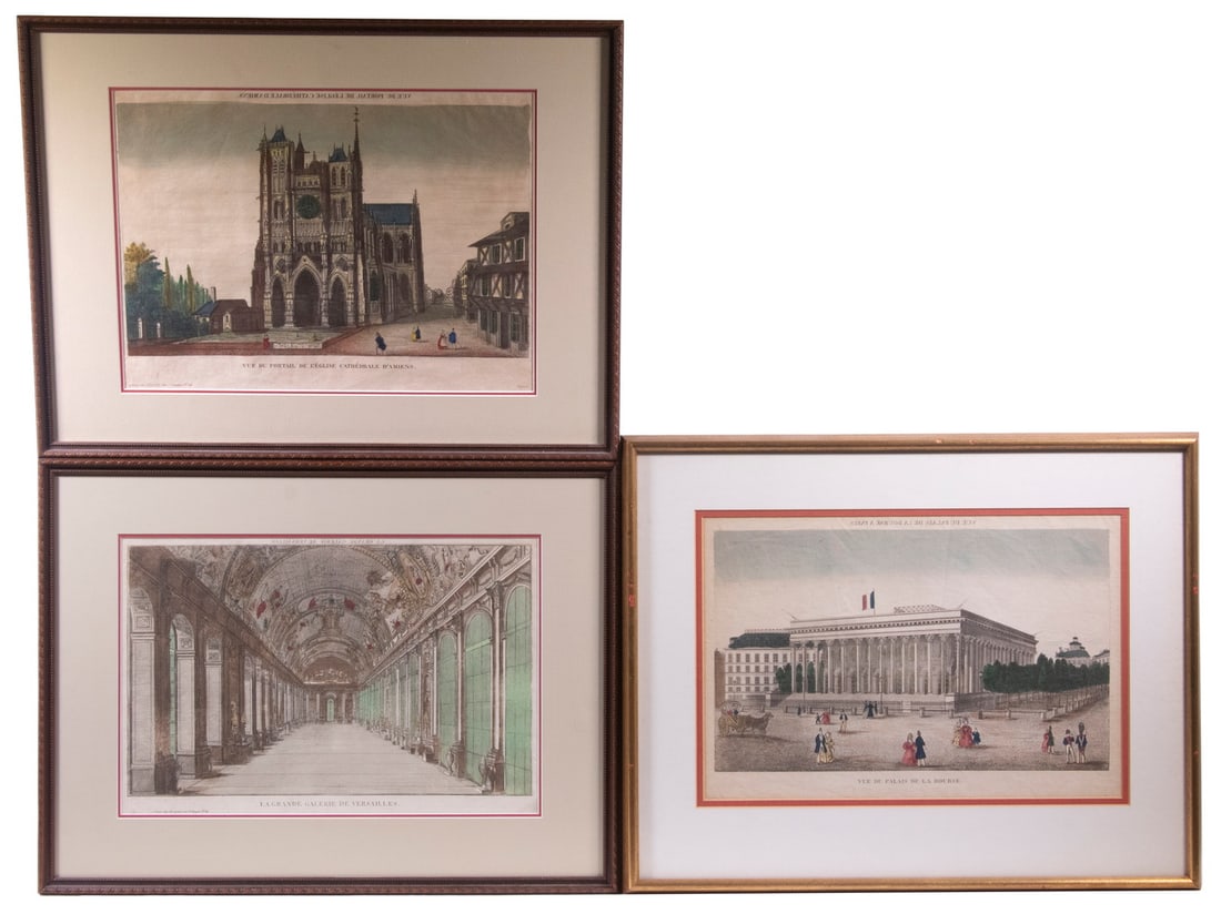 (3) 19TH C VUE D'OPTIQUE ARCHITECTURAL PRINTS, FRANCE, UNMATCHED FRAMES: (3) 19TH C VUE D'OPTIQUE ARCHITECTURAL PRINTS, FRANCE, UNMATCHED FRAMES Early 19th c. hand-colored engravings, including: "Vue du Palais de la Bourse"; PLUS "Vue du Portail de l"Eglise Cathedrale