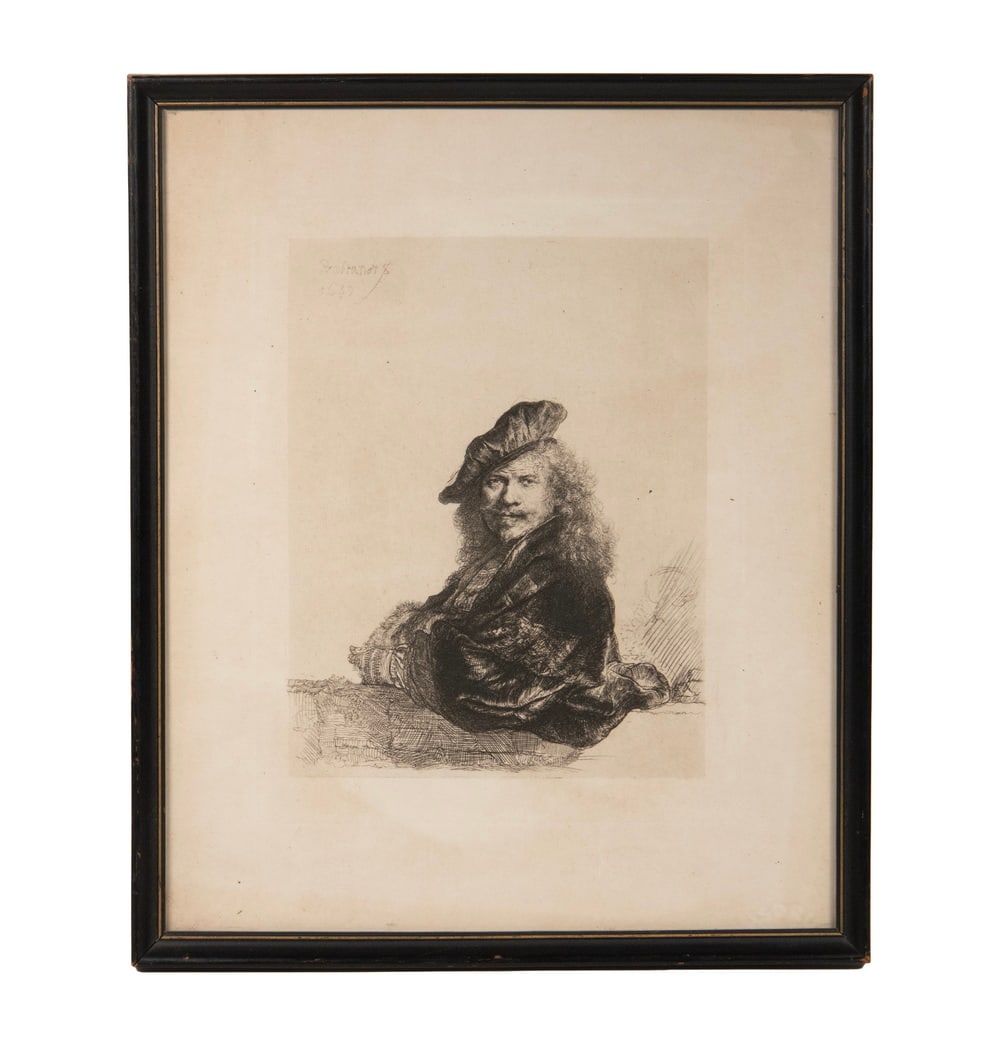 AFTER REMBRANDT VAN RIJN (NETH 1606-1669): AFTER REMBRANDT VAN RIJN (NETH 1606-1669) "Self-Portrait Leaning on a Stone Sill"; original 1639, this is early 20th c. restrike, etching, drypoint and burin; second state of two versions. Sheet laid